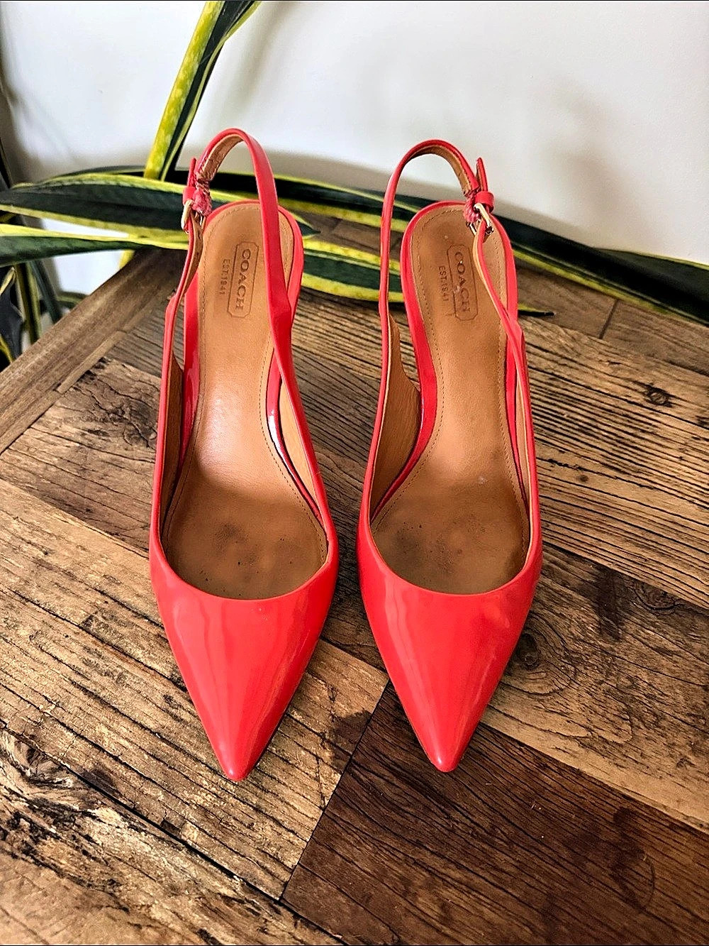 Coach- Lilly Patent Leather Pointed-Toe Slingback Heels in Coral w/wooden heel